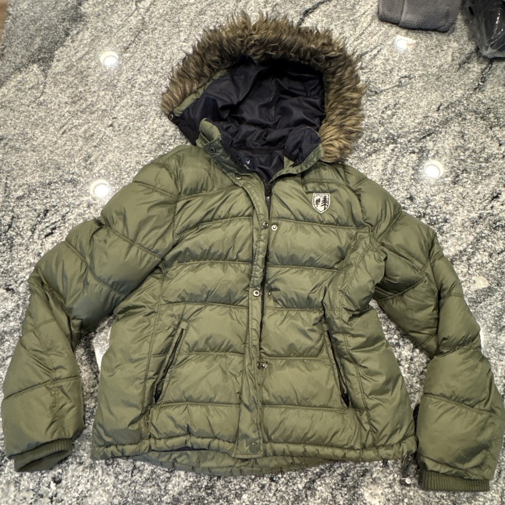 American Eagle Women's Size XXL Green  Puffer‎ Jacket Fur Trim Hood Hooded